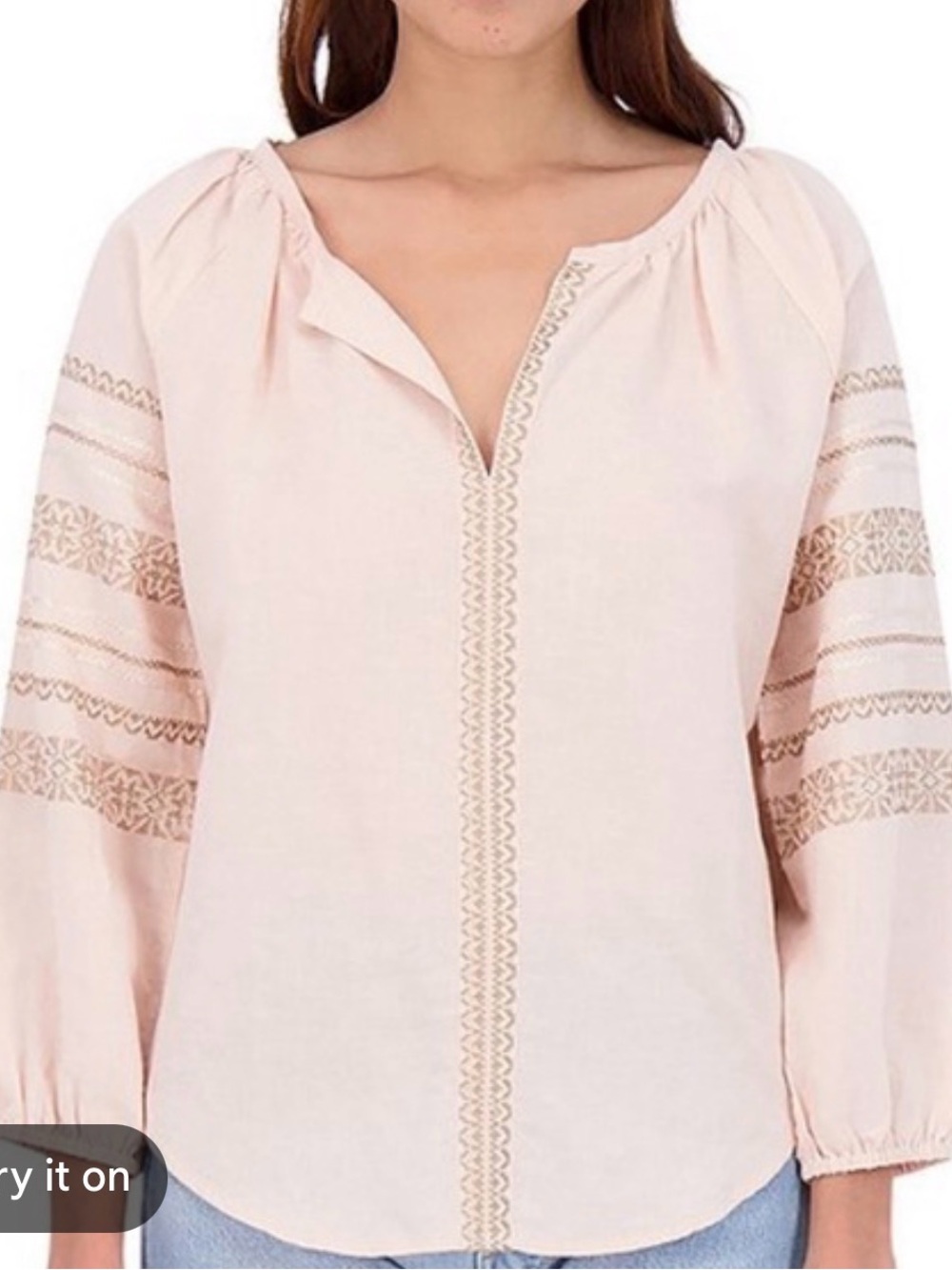 Roller Rabbit Blush Embroidered Peasant  M linen Vyshyvanka Top